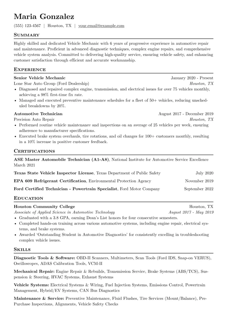 Vehicle Mechanic Resume Example CV template preview