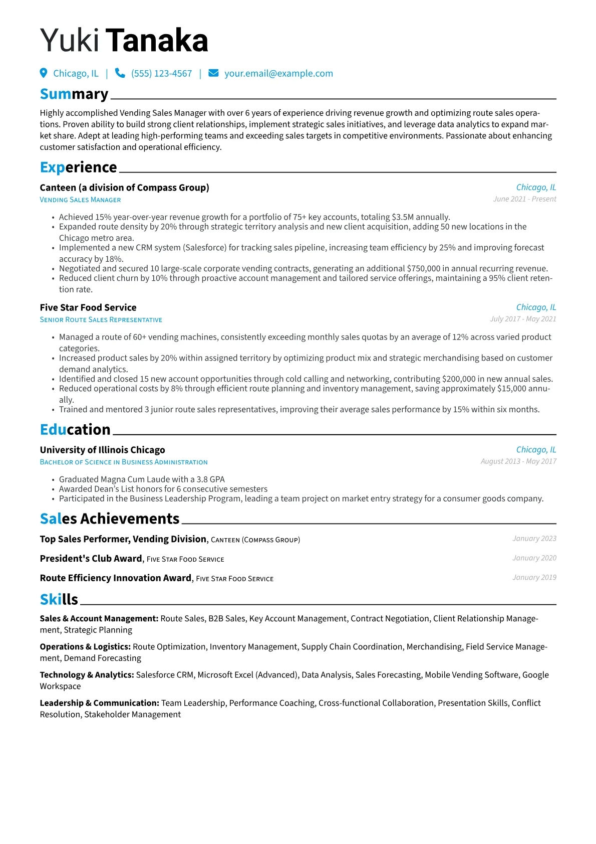 Vending Sales Manager Resume Example CV template - Page 1
