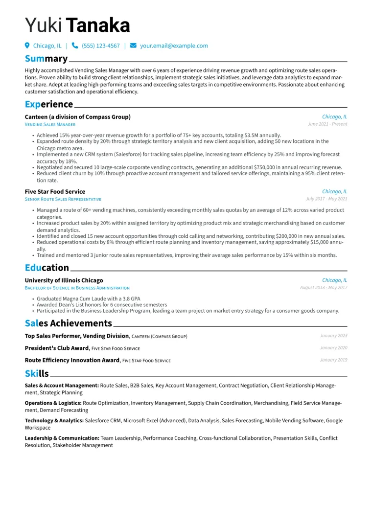 Vending Sales Manager Resume Example CV template preview