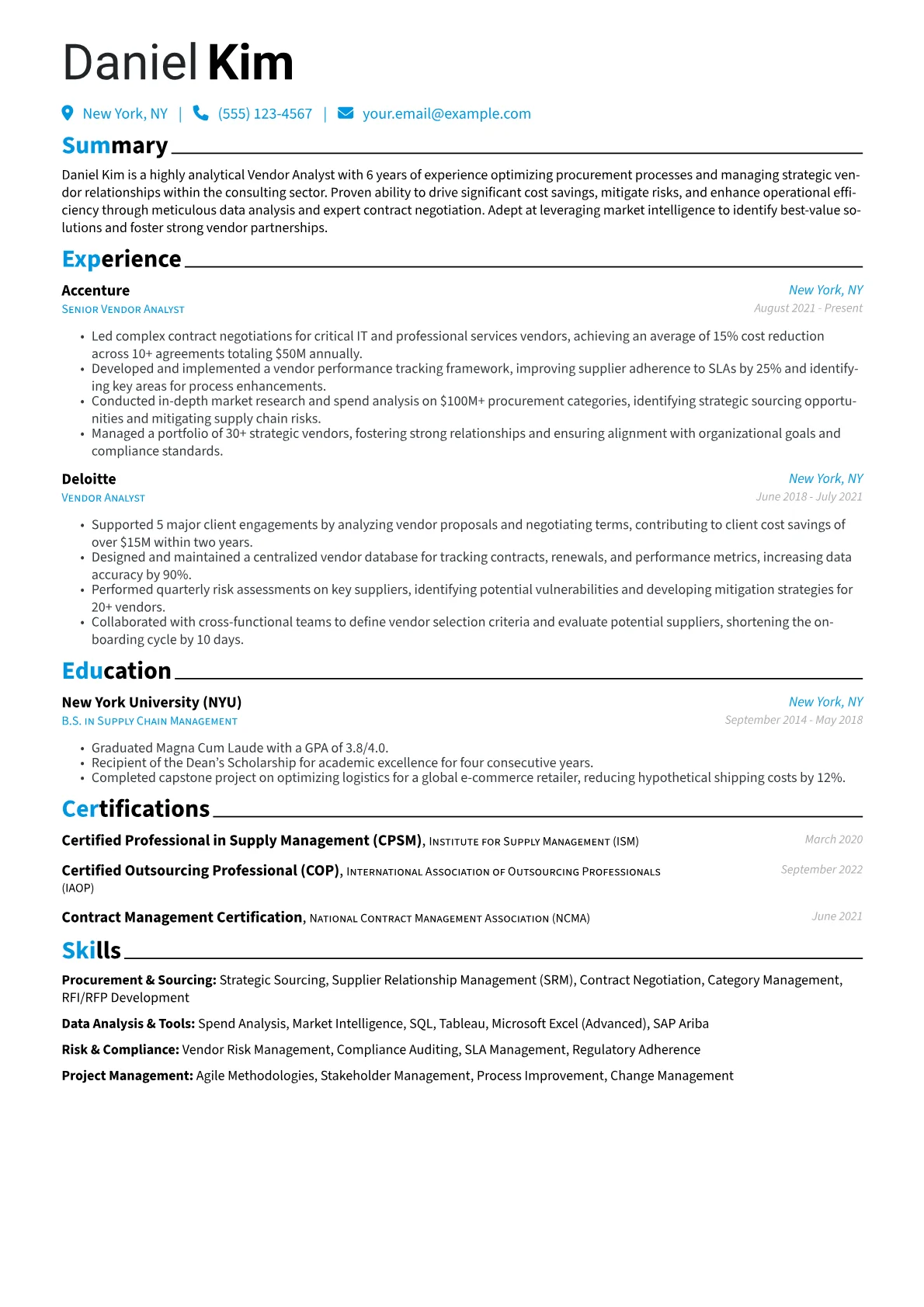 Vendor Analyst Resume Example CV template - Page 1