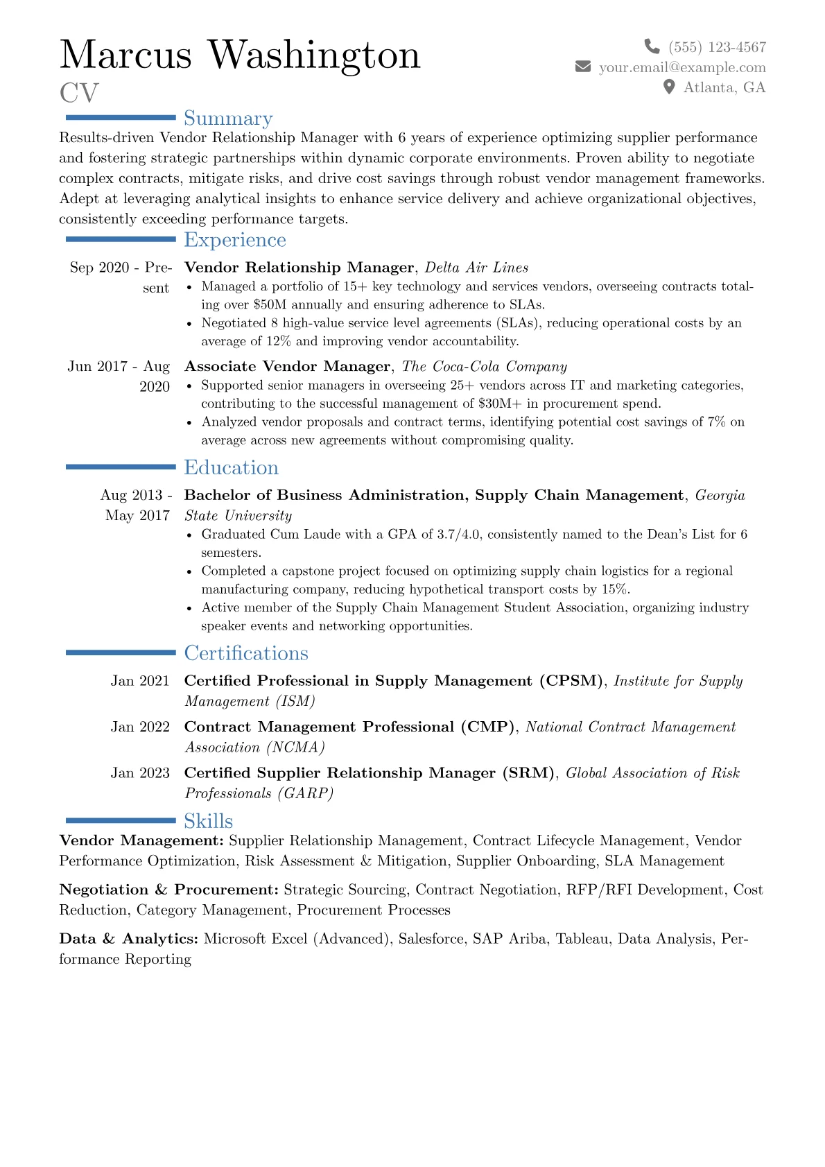 Vendor Relationship Manager Resume Example CV template - Page 1