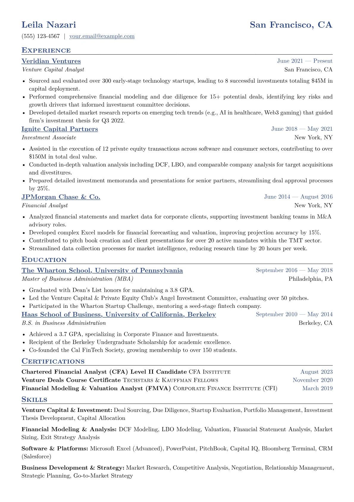 Venture Capital Analyst Resume Example CV template - Page 1