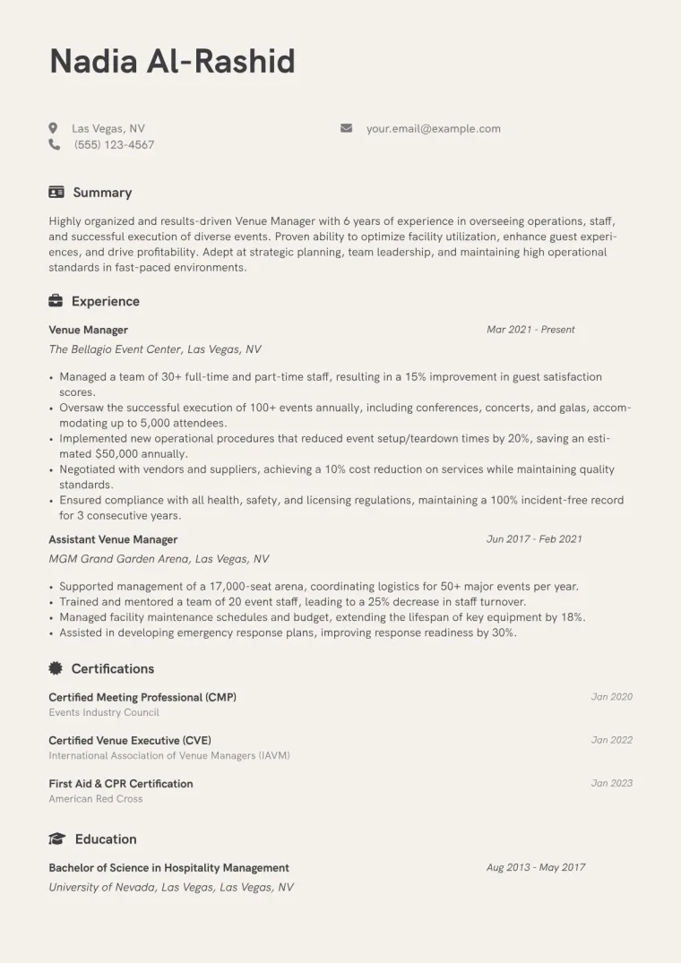 Venue Manager Resume Example CV template preview