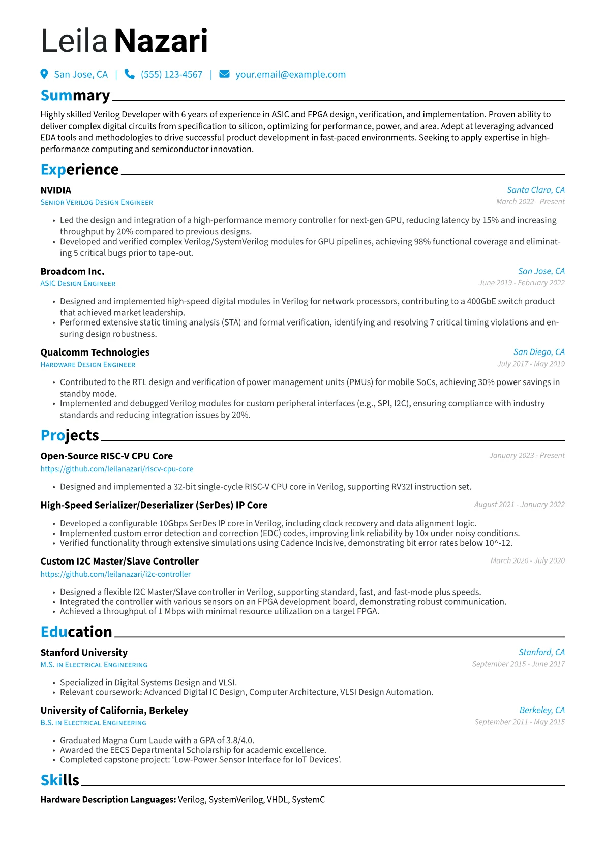 Verilog Developer Resume Example CV template - Page 1