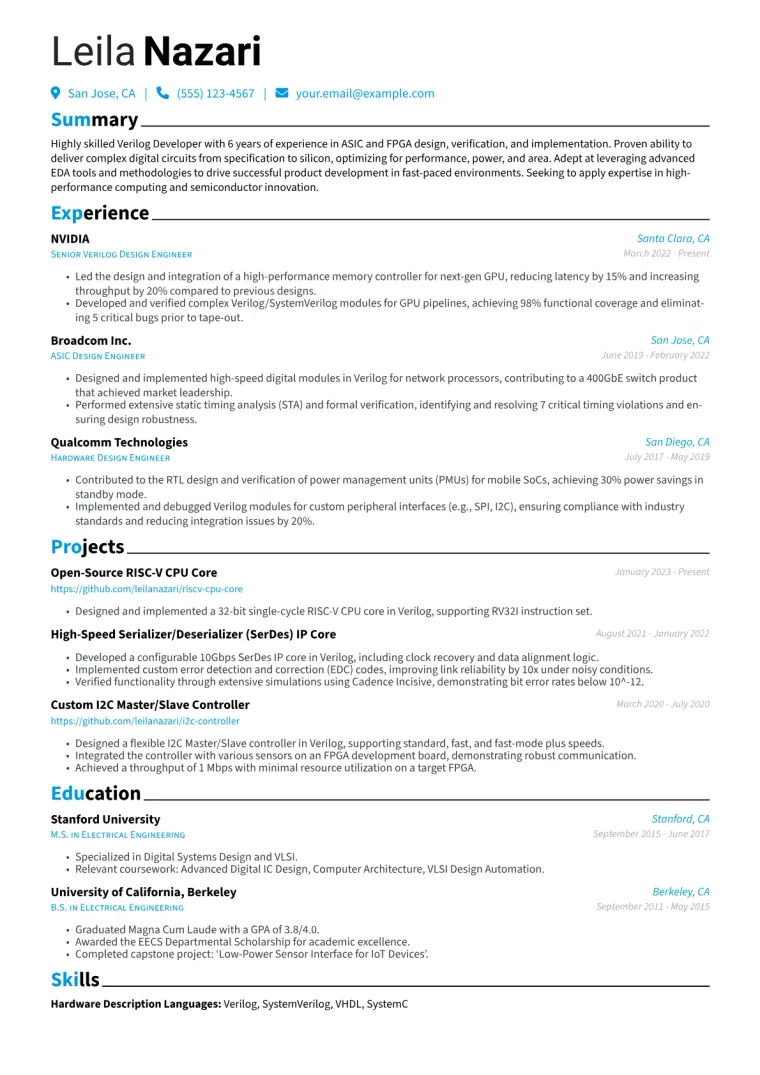 Verilog Developer Resume Example CV template preview