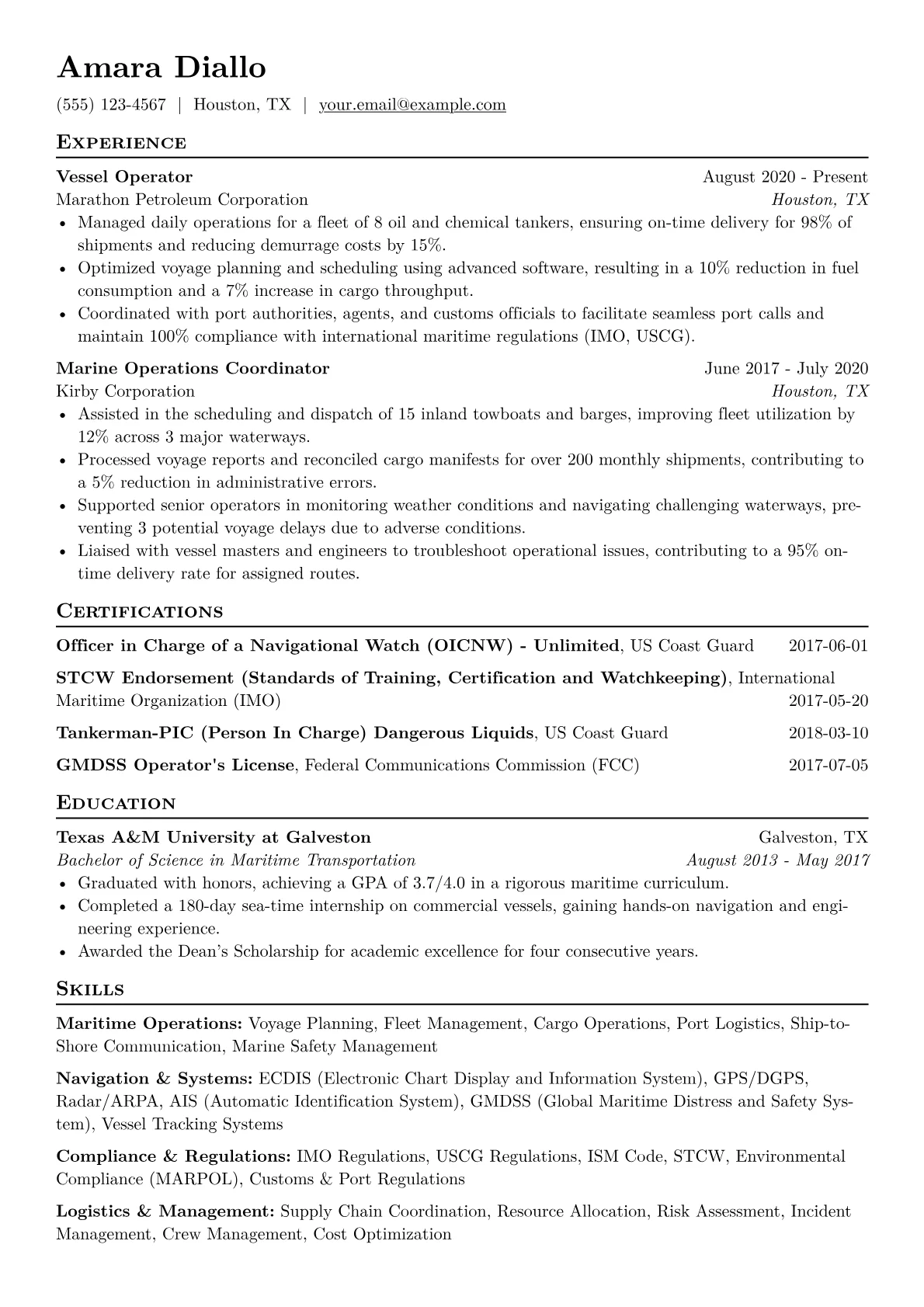 Vessel Operator Resume Example CV template - Page 1