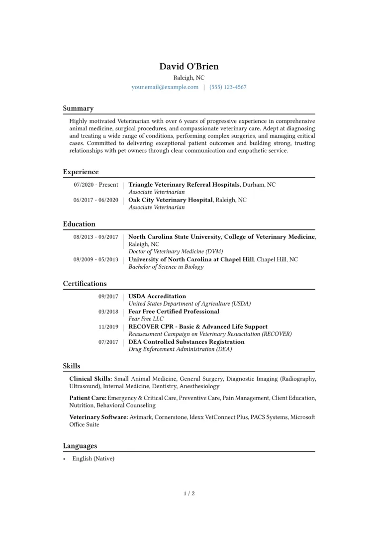 Veterinarian Resume Example CV template preview