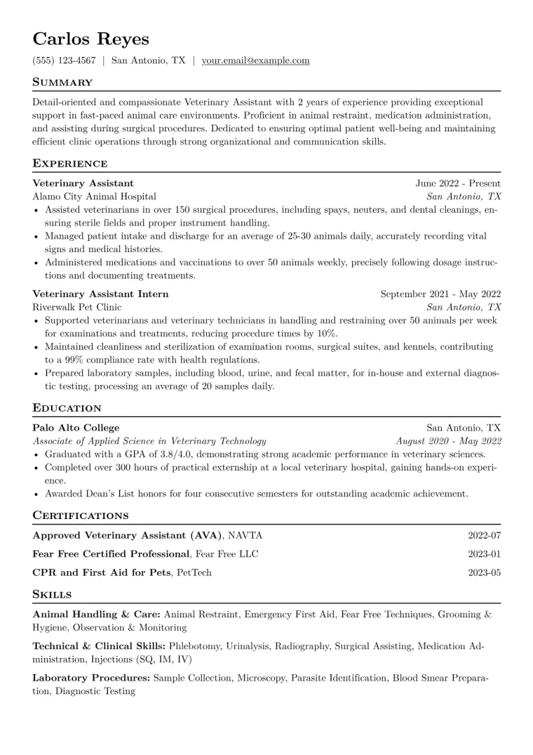 Veterinary Assistant Resume Example CV template preview
