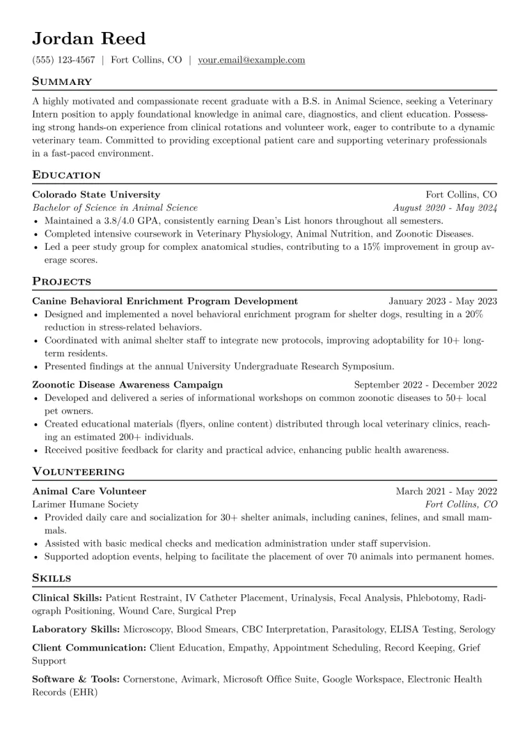 Veterinary Intern Resume Example CV template preview