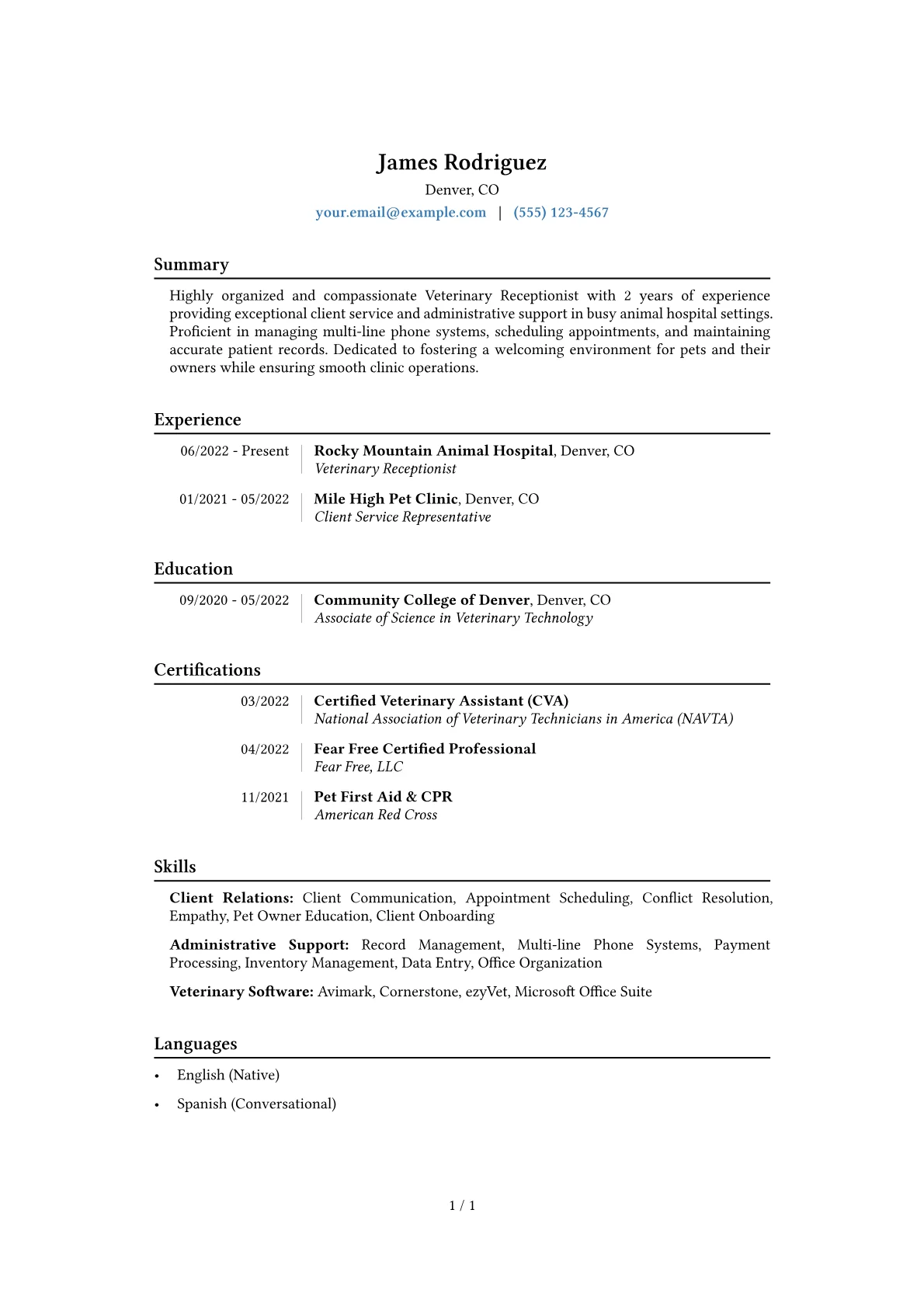 Veterinary Receptionist Resume Example CV template - Page 1