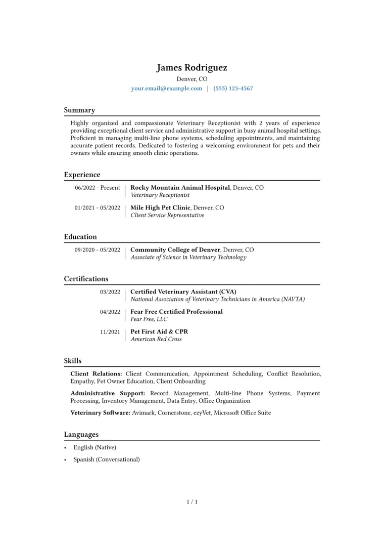 Veterinary Receptionist Resume Example CV template preview