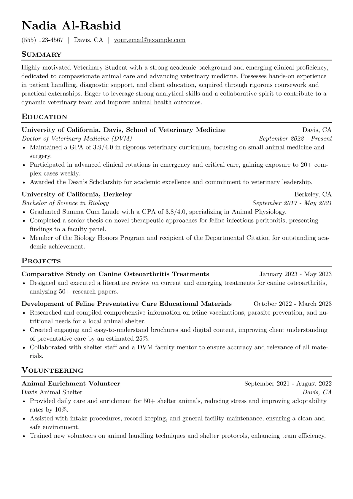Veterinary Student Resume Example CV template - Page 1