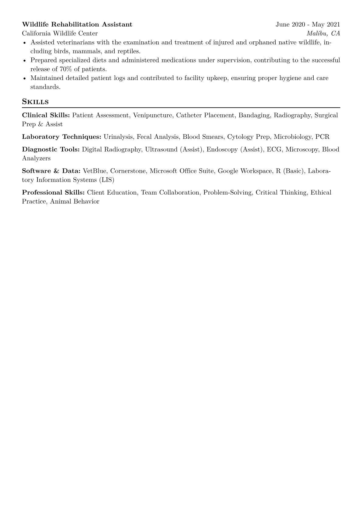 Veterinary Student Resume Example CV template - Page 2
