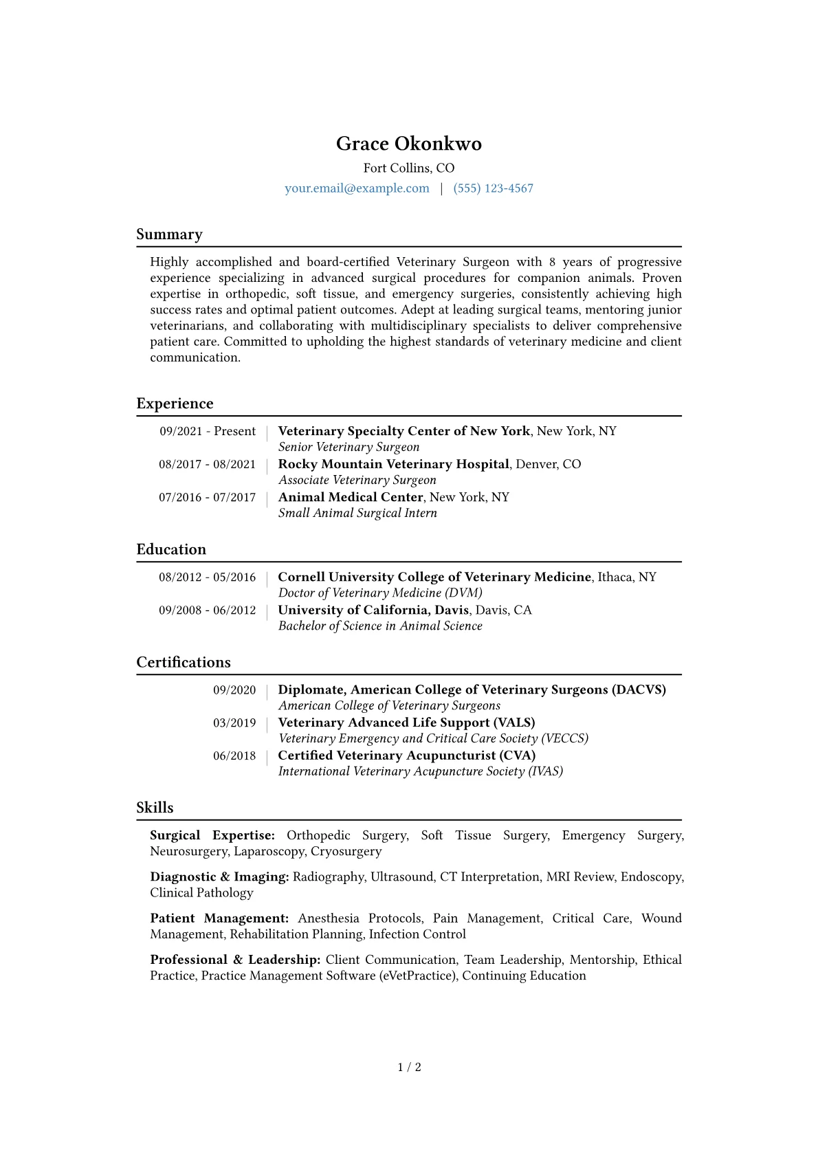 Veterinary Surgeon Resume Example CV template - Page 1