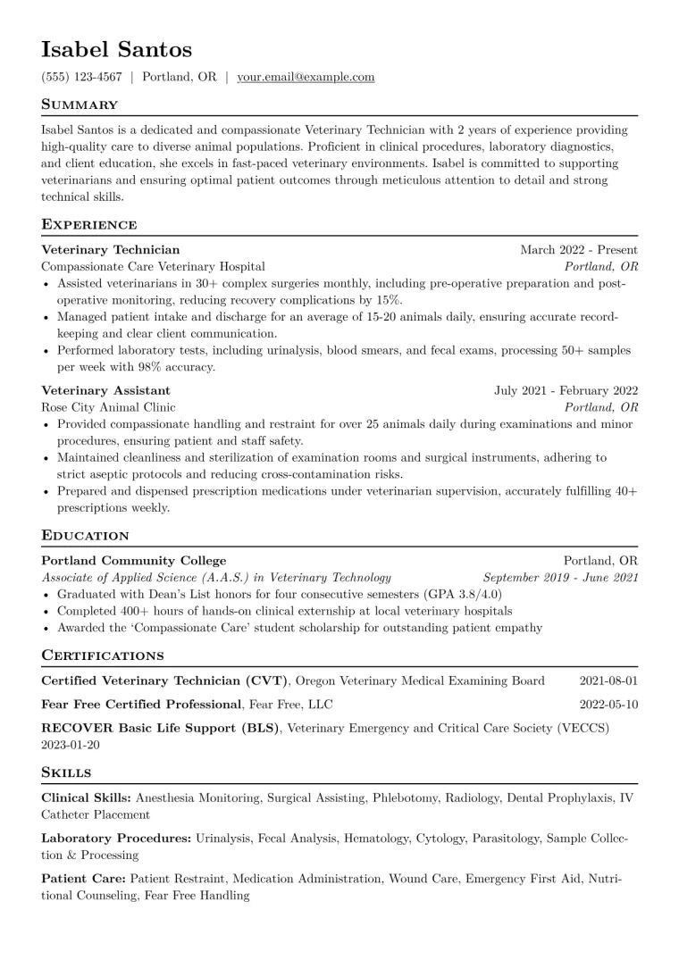 Veterinary Technician Resume Example CV template preview