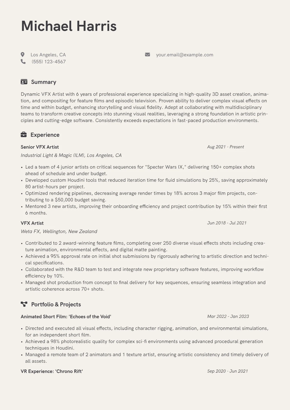 VFX Artist Resume Example CV template - Page 1
