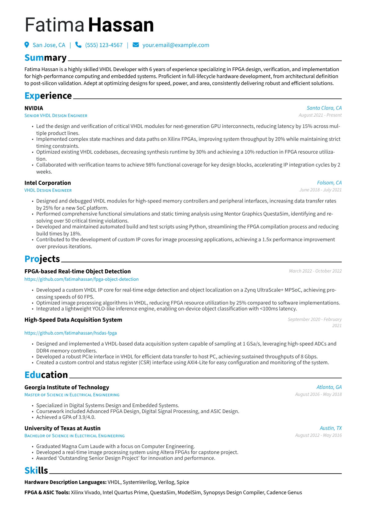 VHDL Developer Resume Example CV template - Page 1