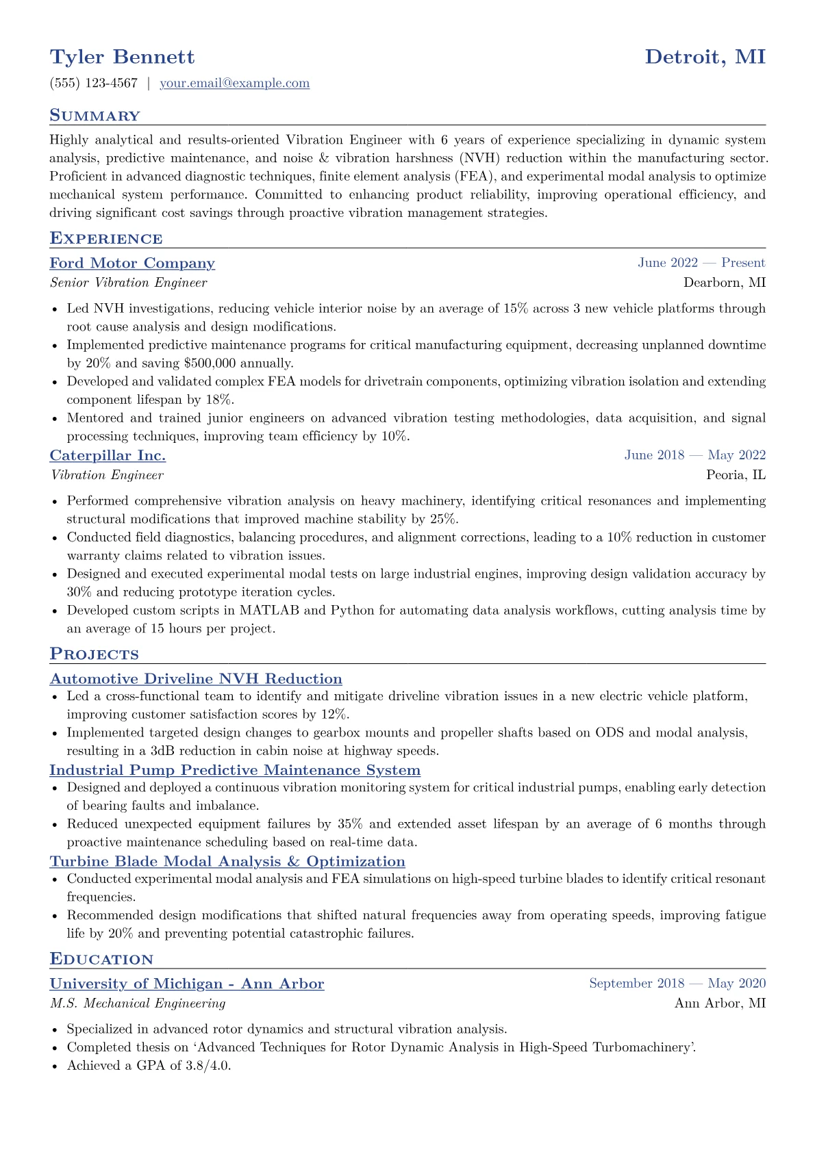 Vibration Engineer Resume Example CV template - Page 1