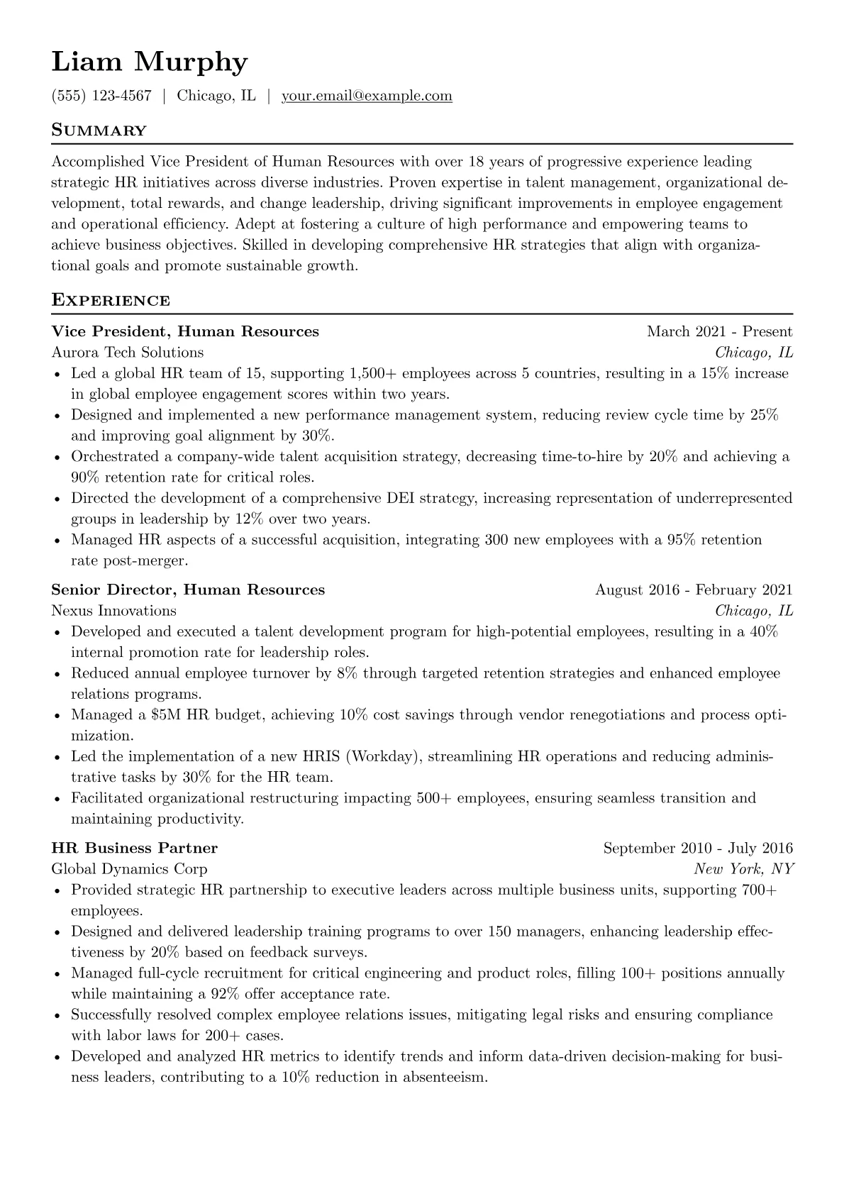 Vice President Human Resources Resume Example CV template - Page 1
