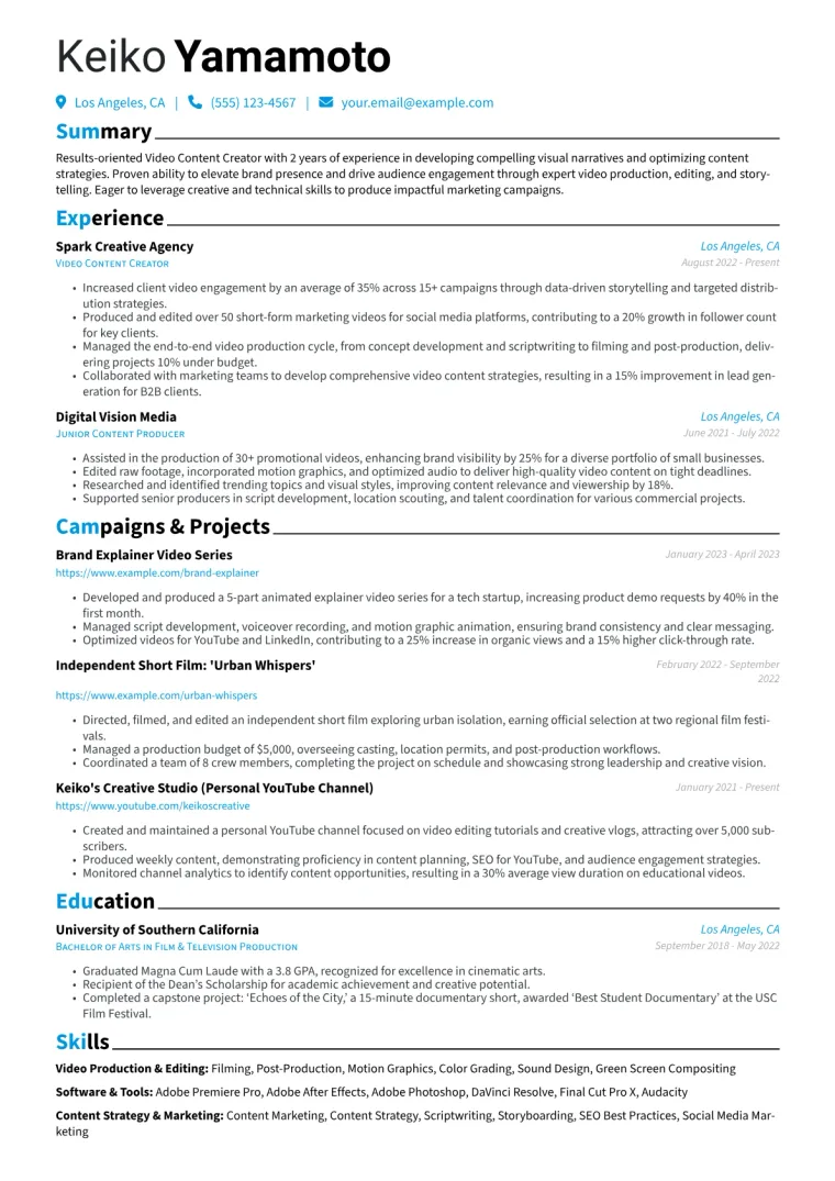 Video Content Creator Resume Example CV template preview