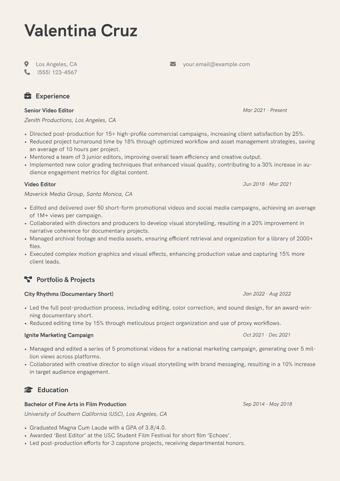 Video Editor Resume Example CV template - Page 1