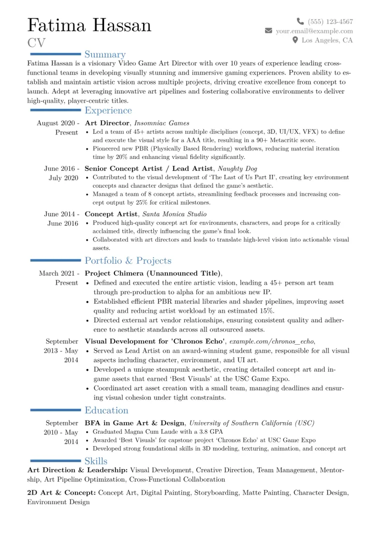 Video Game Art Director Resume Example CV template preview