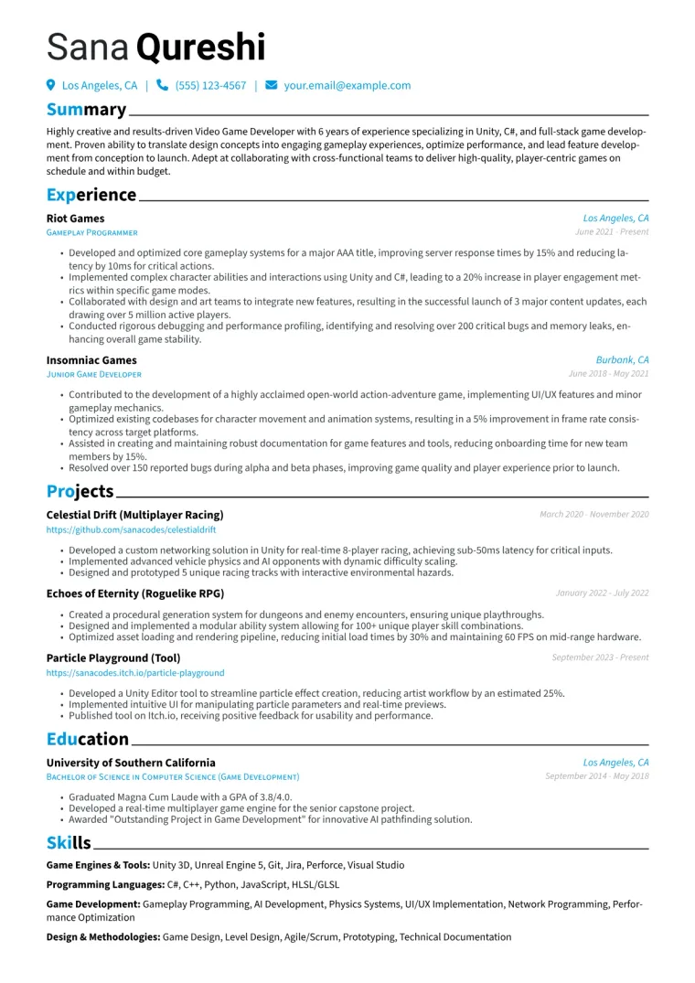 Video Game Developer Resume Example CV template preview