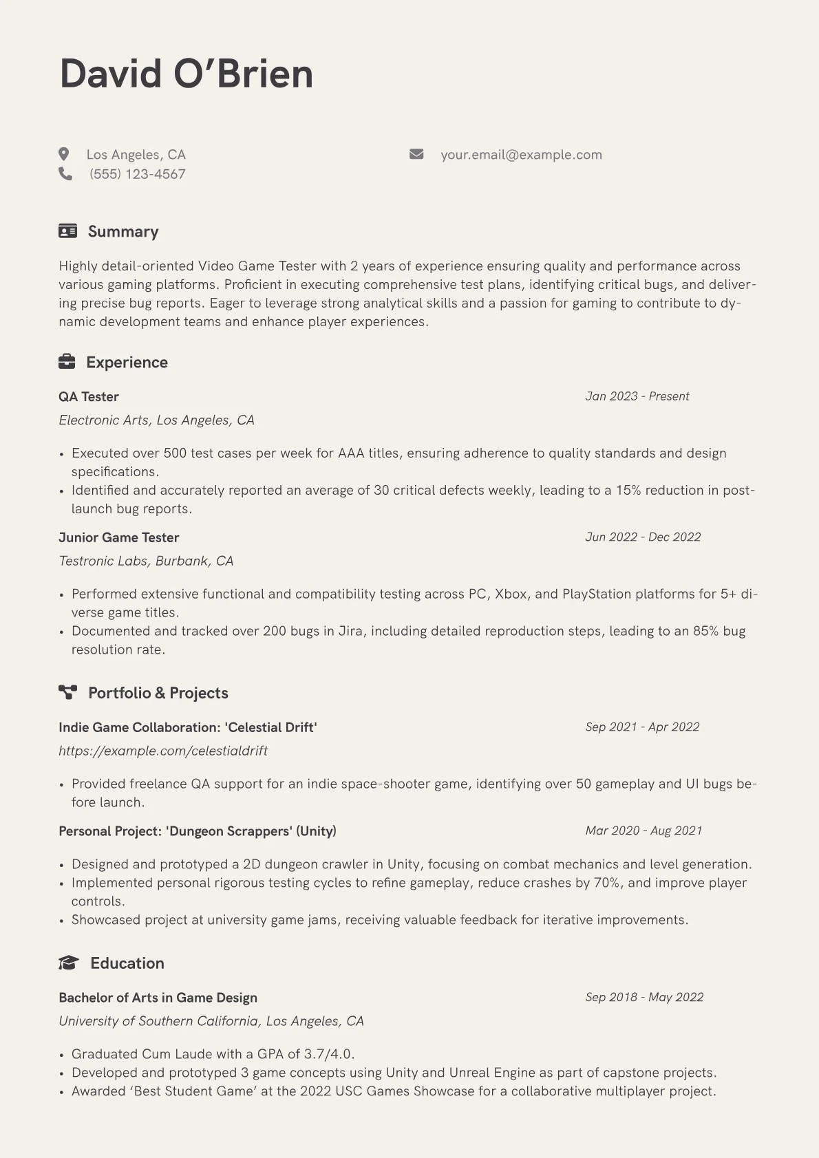 Video Game Tester Resume Example CV template - Page 1