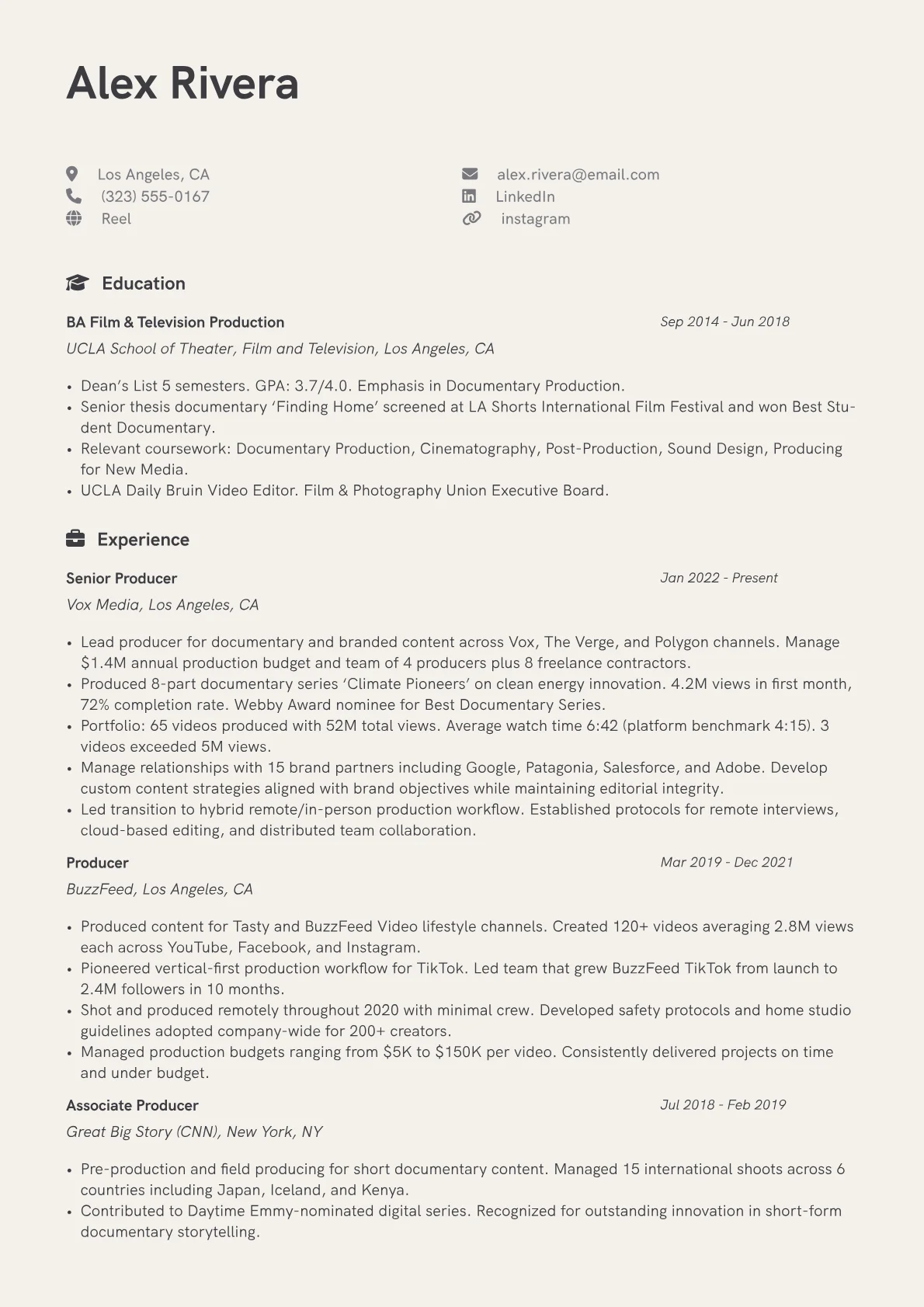 Video Producer - Content/Media CV template - Page 1