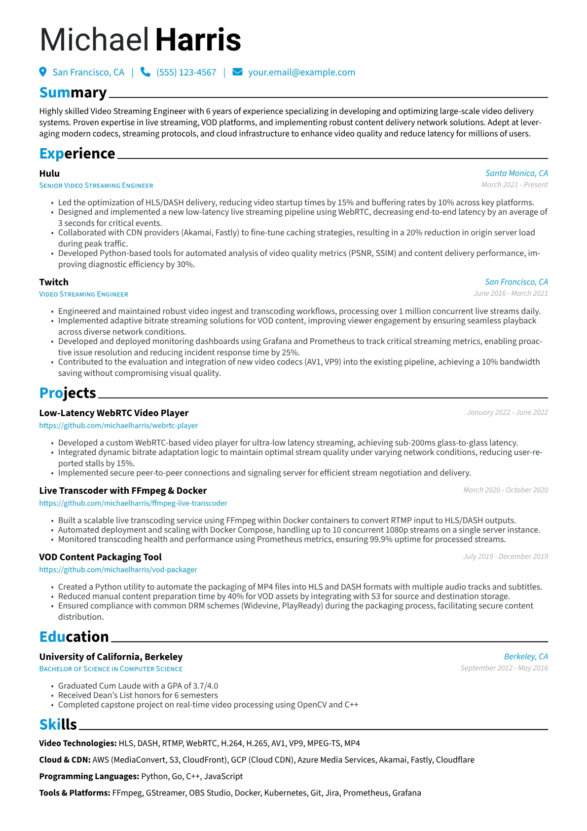 Video Streaming Engineer Resume Example CV template - Page 1