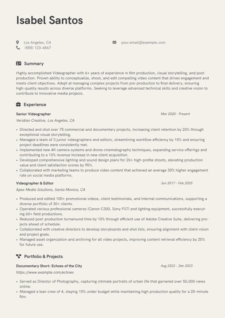 Videographer Resume Example CV template preview