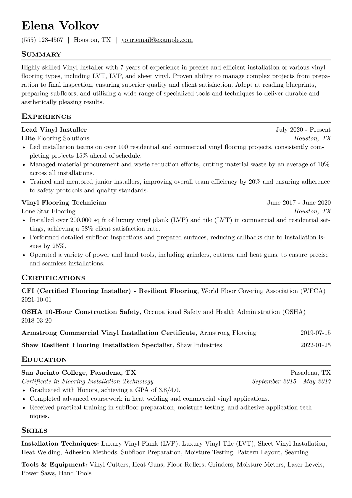Vinyl Installer Resume Example CV template - Page 1