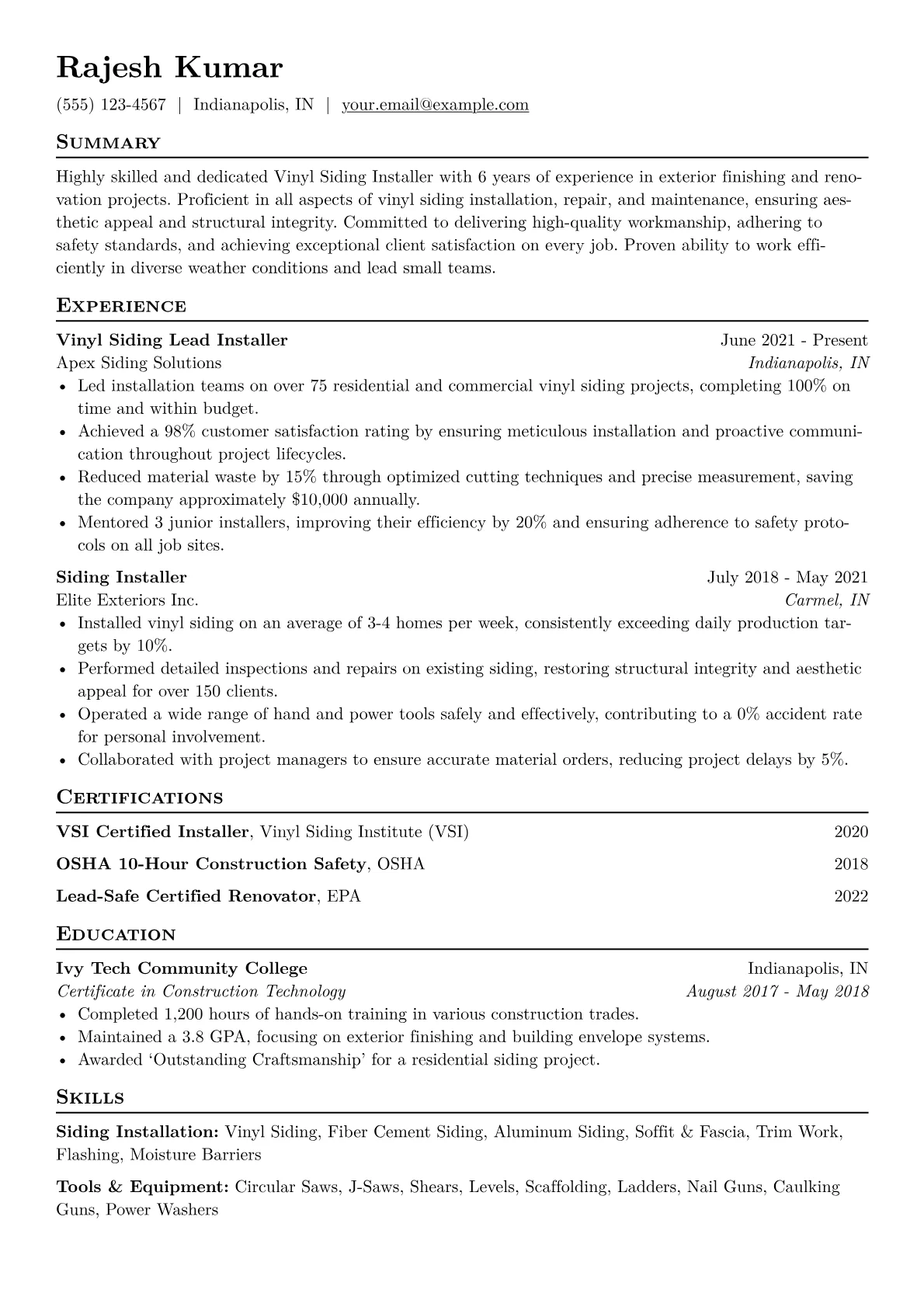 Vinyl Siding Installer Resume Example CV template - Page 1