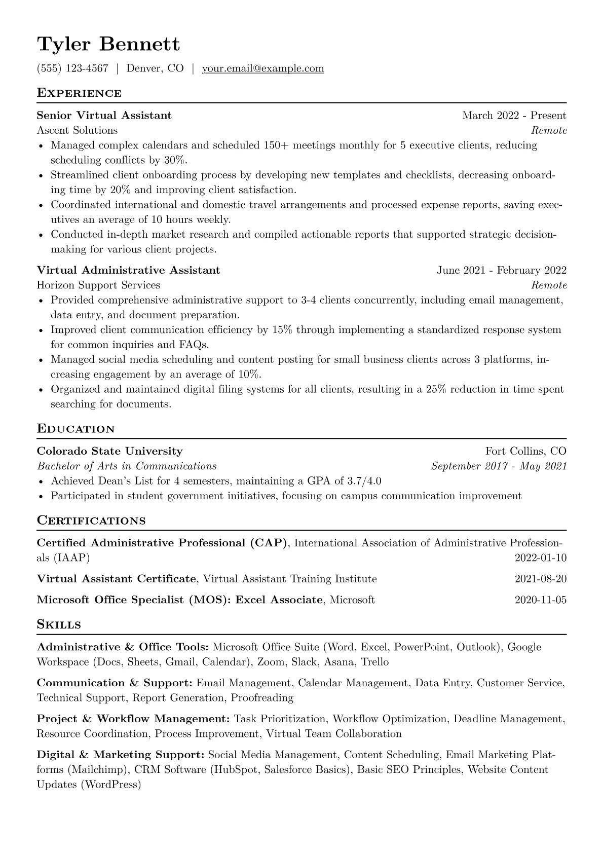 Virtual Assistant Resume Example CV template - Page 1