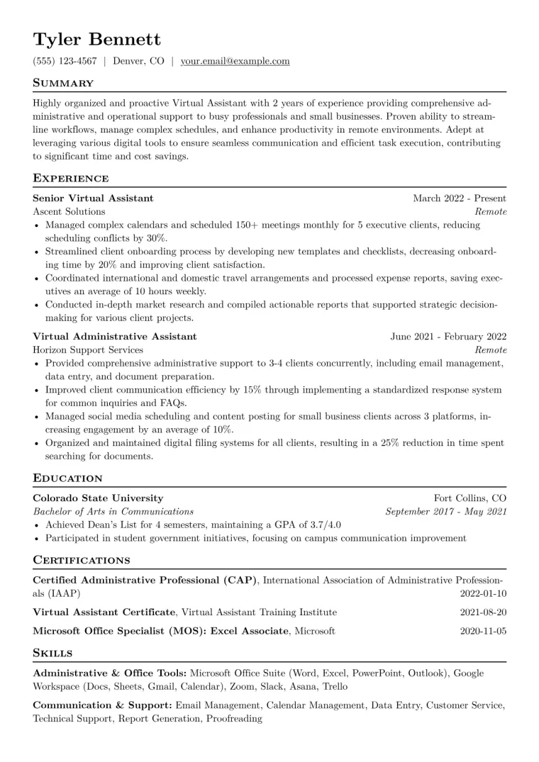 Virtual Assistant Resume Example CV template preview