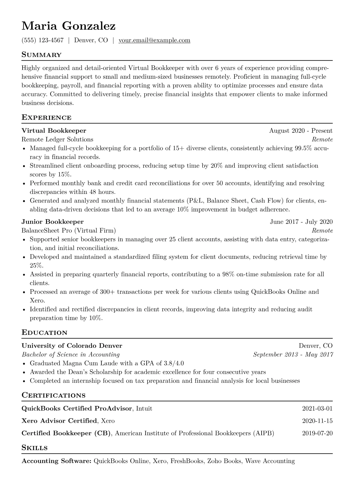 Virtual Bookkeeper Resume Example CV template - Page 1
