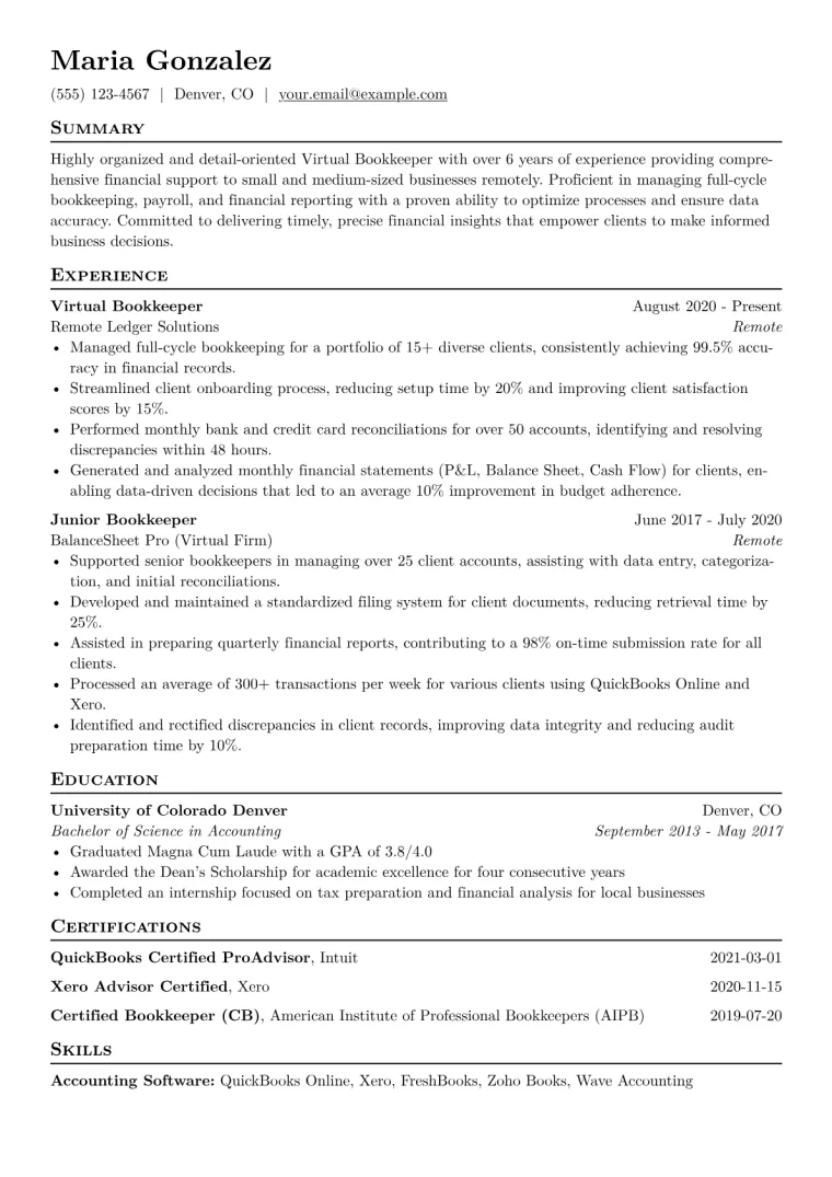 Virtual Bookkeeper Resume Example CV template preview