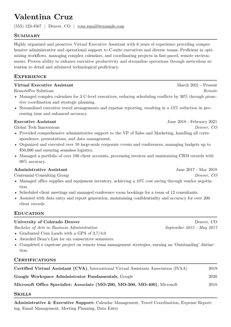 Virtual Executive Assistant Resume Example CV template preview