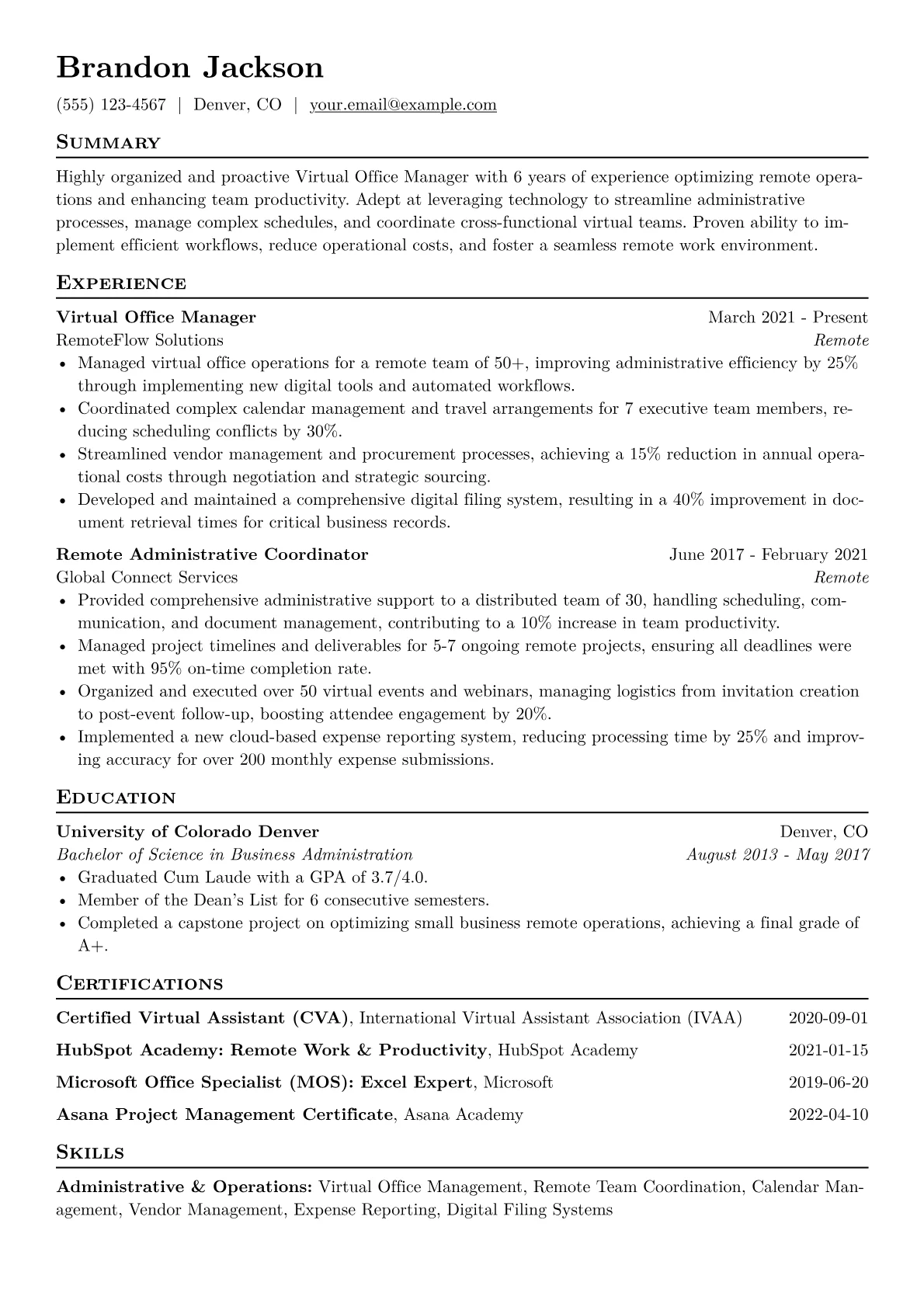 Virtual Office Manager Resume Example CV template - Page 1