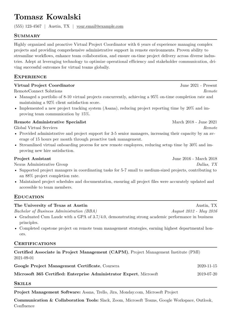 Virtual Project Coordinator Resume Example CV template preview