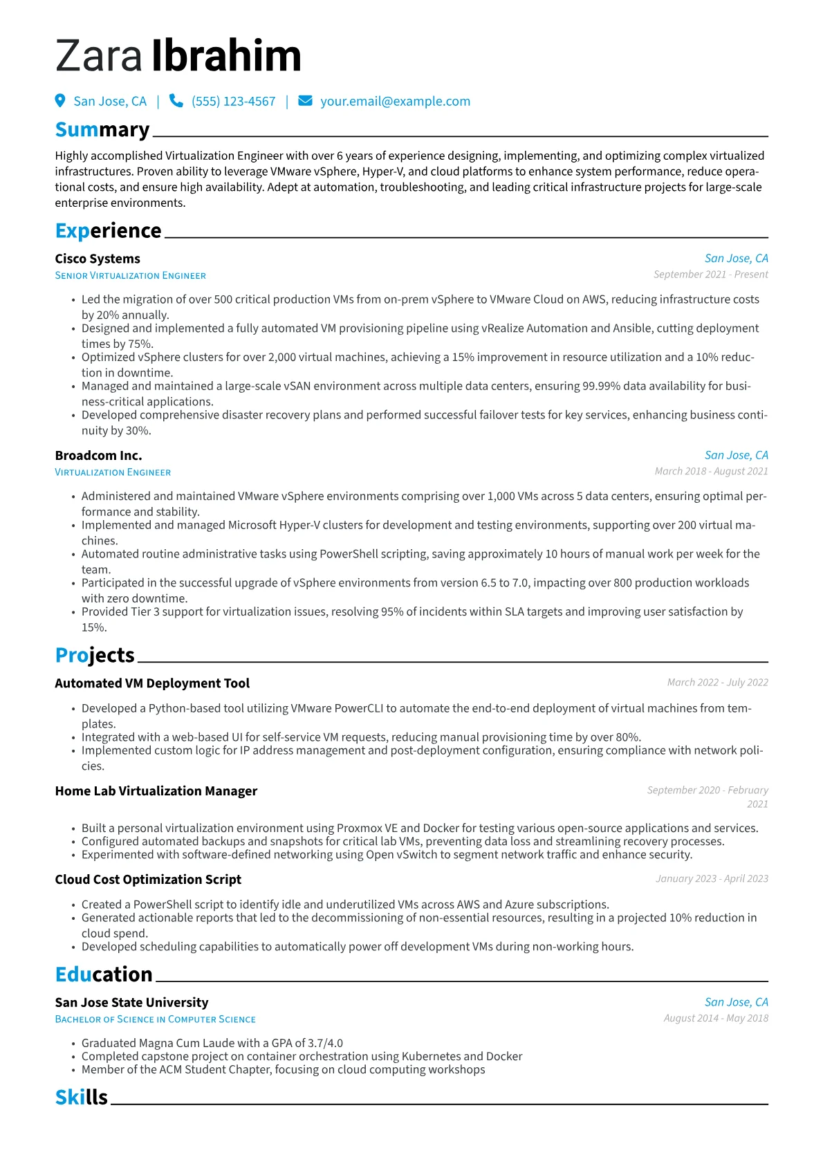 Virtualization Engineer Resume Example CV template - Page 1