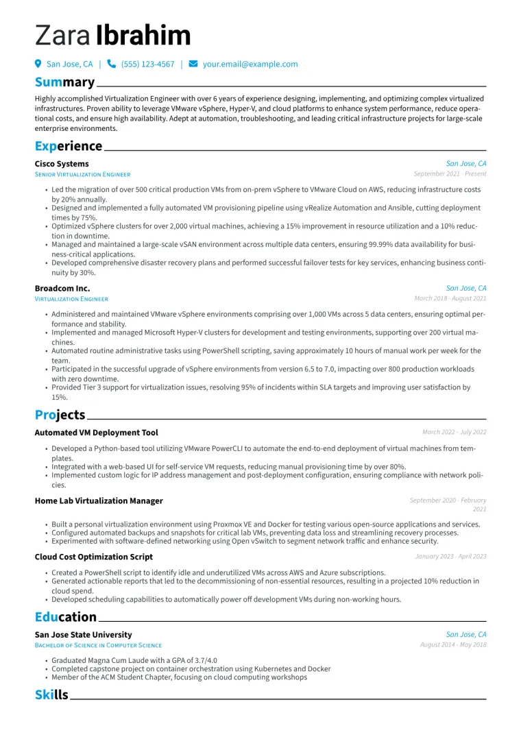 Virtualization Engineer Resume Example CV template preview