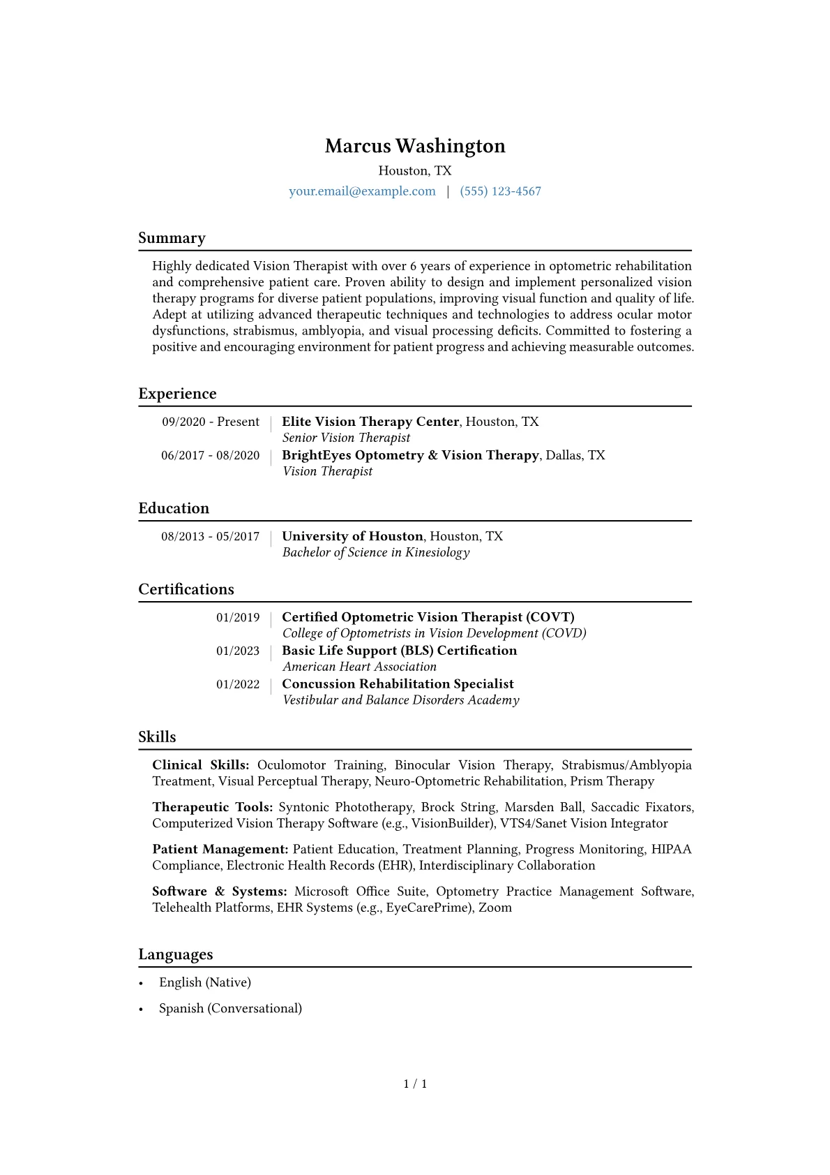 Vision Therapist Resume Example CV template - Page 1