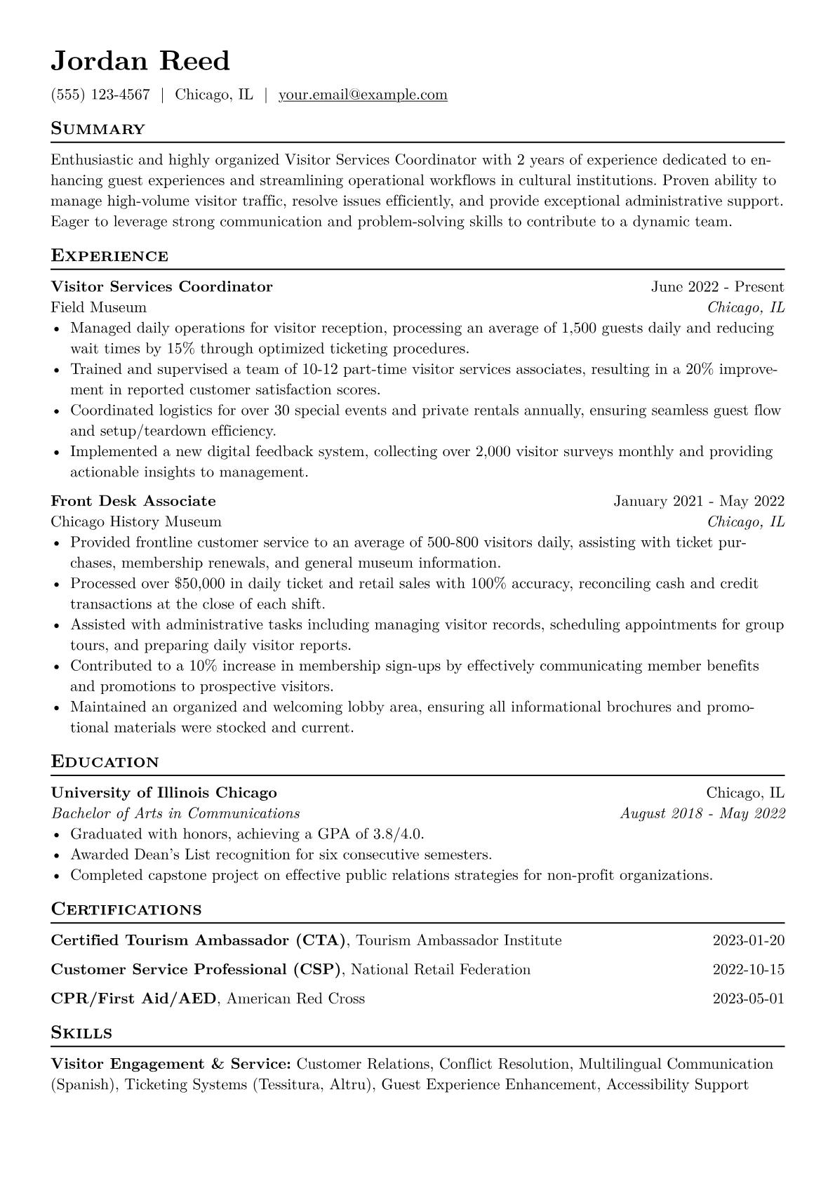 Visitor Services Coordinator Resume Example CV template - Page 1
