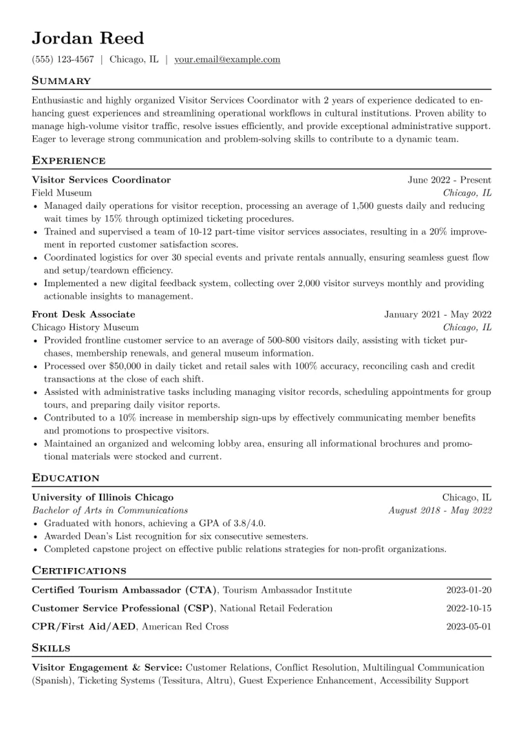 Visitor Services Coordinator Resume Example CV template preview