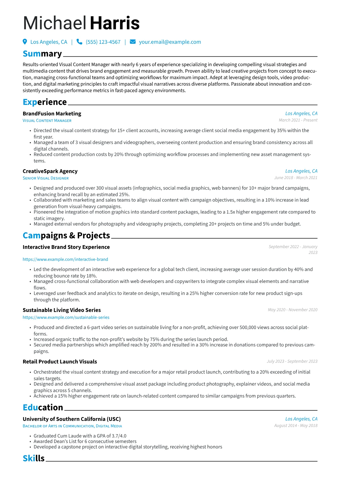 Visual Content Manager Resume Example CV template - Page 1