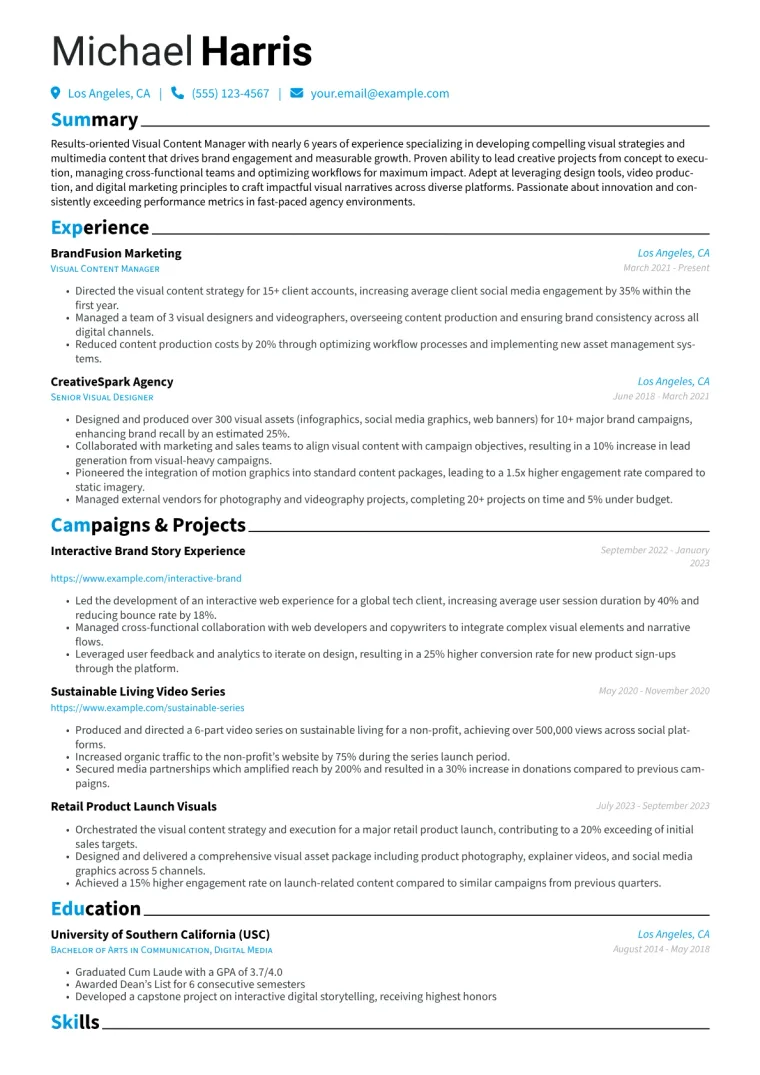 Visual Content Manager Resume Example CV template preview