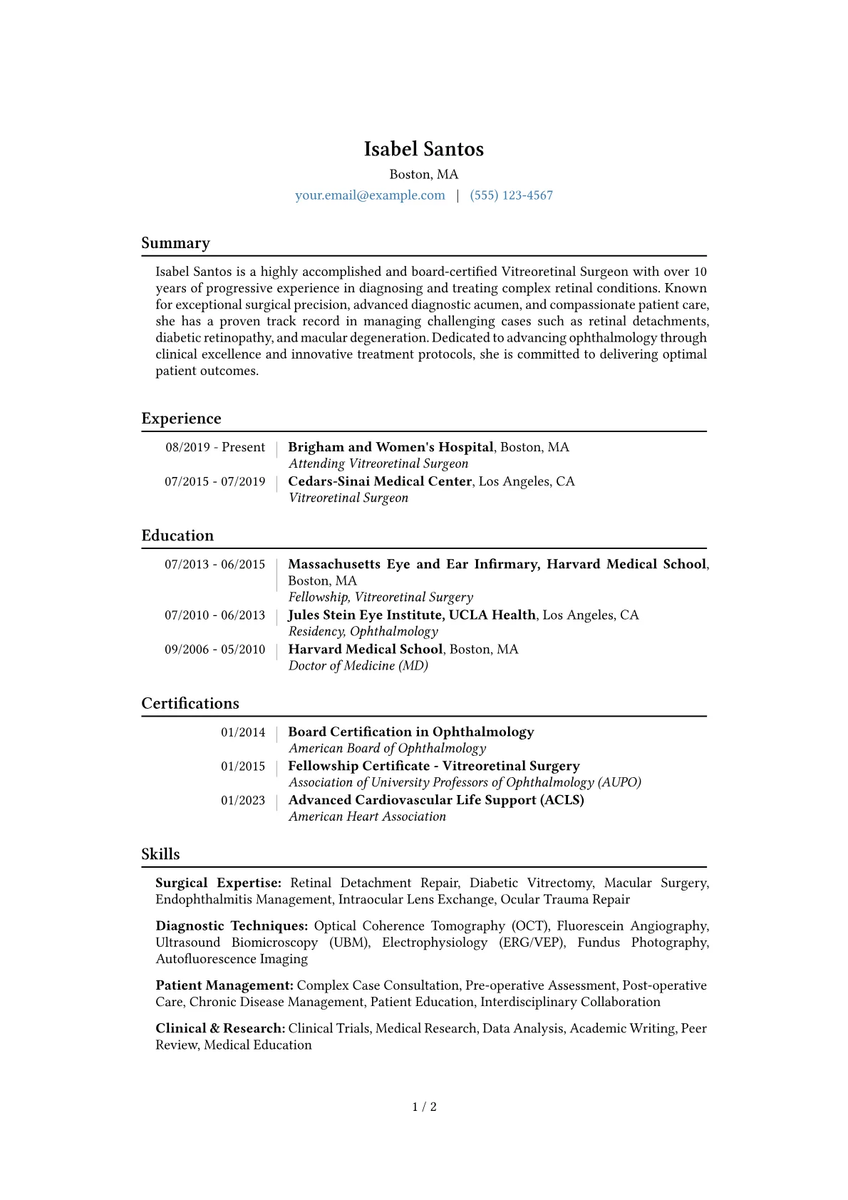 Vitreoretinal Surgeon Resume Example CV template - Page 1