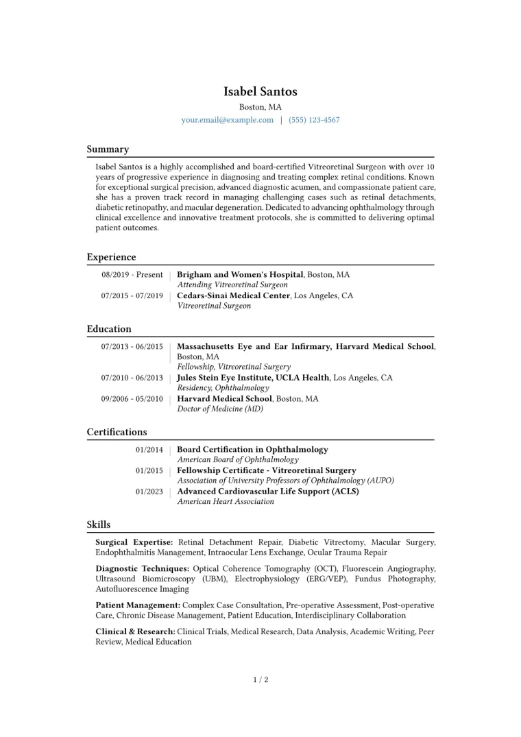 Vitreoretinal Surgeon Resume Example CV template preview