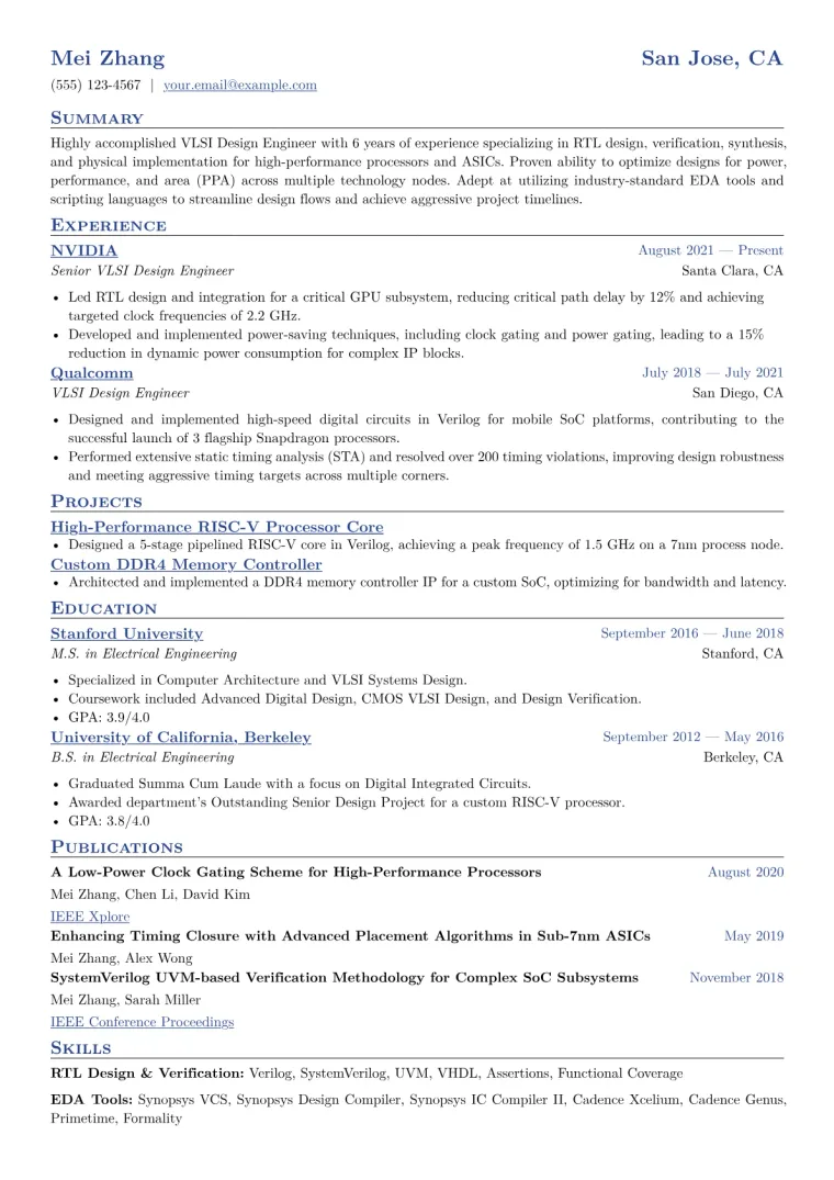 VLSI Design Engineer Resume Example CV template preview